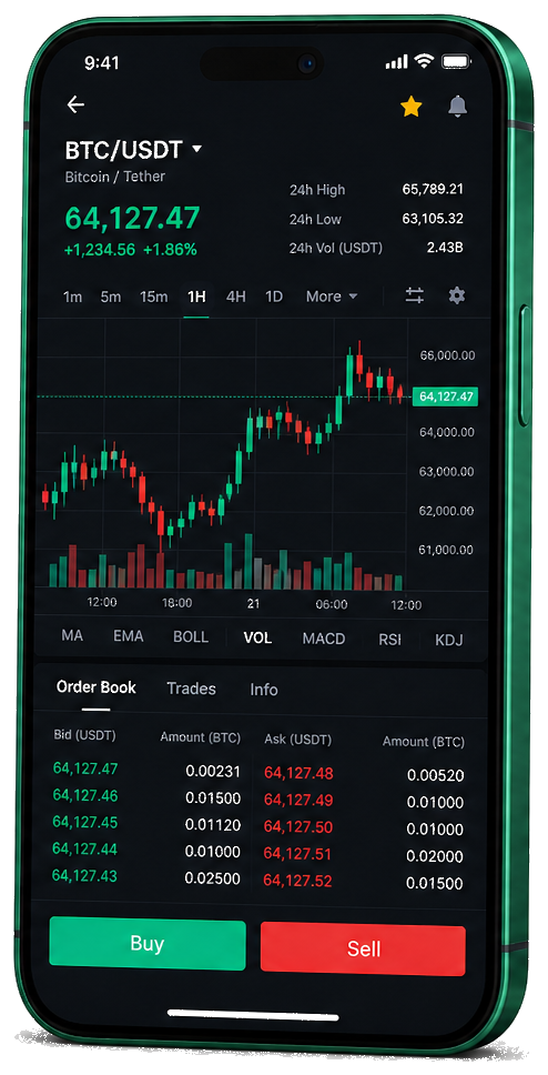 Interface mobile de trading Le Raccourci IA — cours BTC/USDT en direct, carnet d’ordres et outils de surveillance des opérations